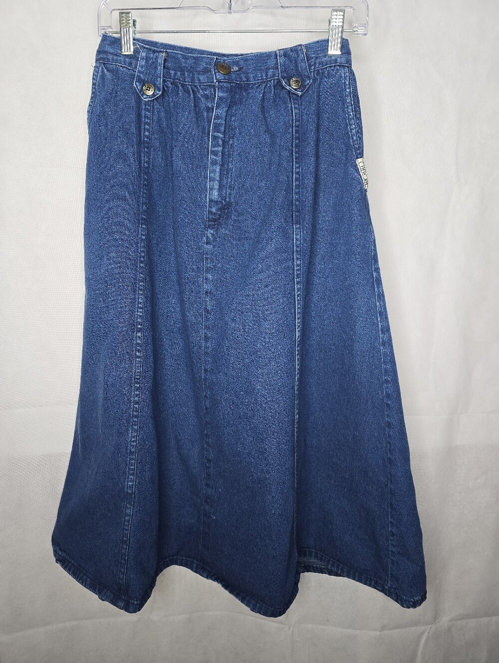 Vintage Cherokee Denim Midi Skirt Blue A-Line Button Tab Cotton 90s 10